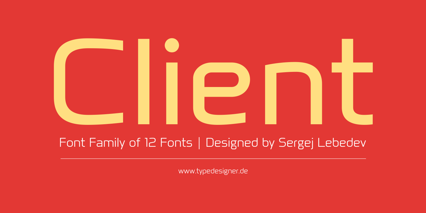 Client is а font family of 10 fonts with a distinctive character and modern form language. Client is the perfect font family for graphic design and web use.