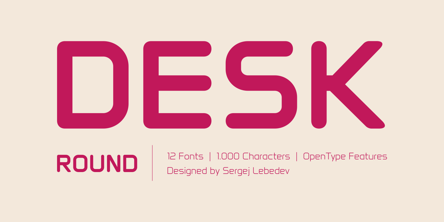 Desk Round, a modern technical font family, is intelligently designed and engineered. Desk Round has a modern, innovative look and many Open Type Features.