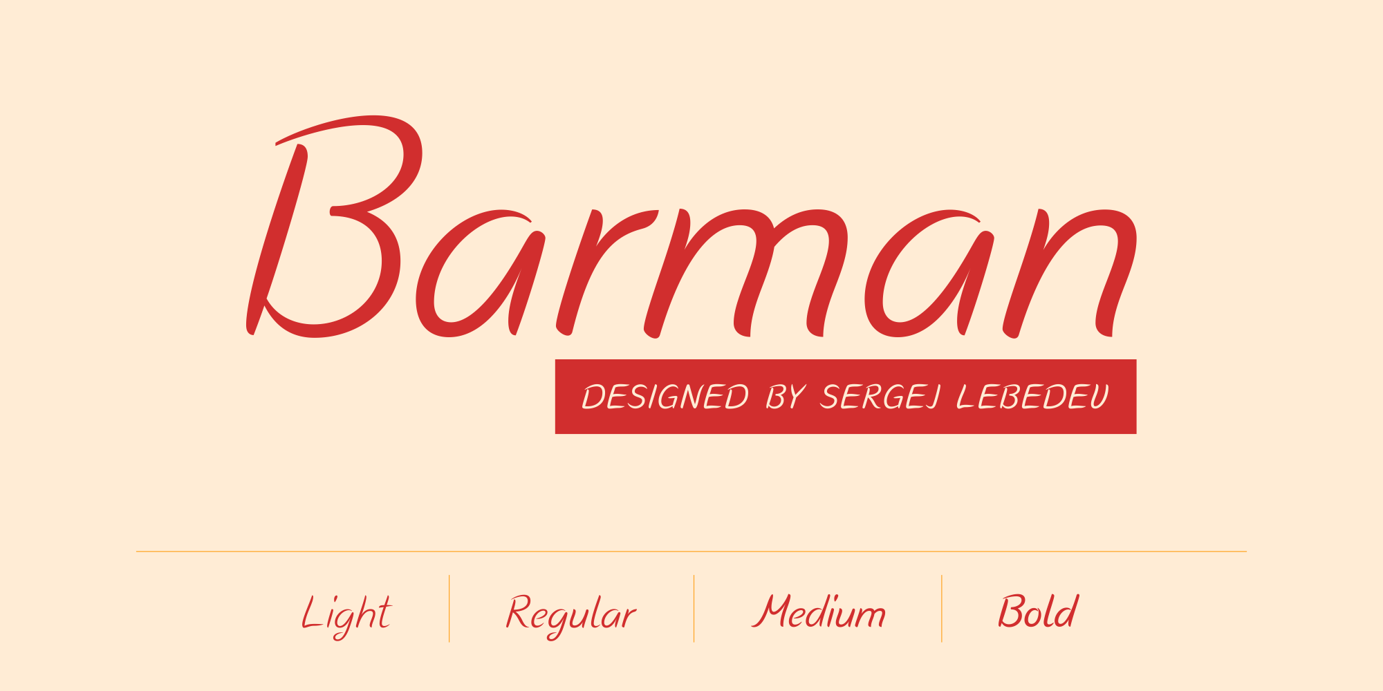 Barman is a modern, contemporary script typeface. It is handmade by Sergej Lebedev and works perfectly for graphic design, logotypes, posters and product design.