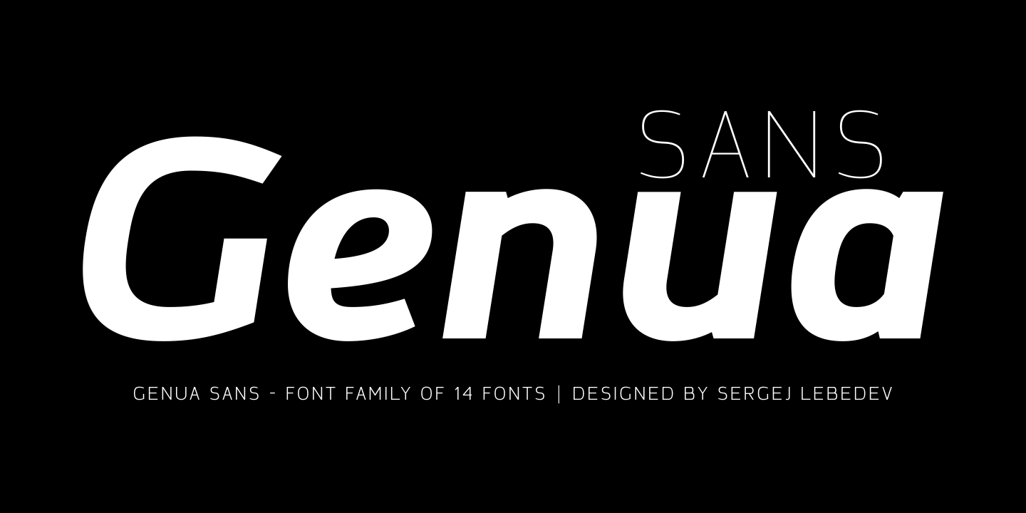 Genua Sans, a modern font family, consists of senven weights (Thin, Extra Light, Light, Book, Regular, Medium, Bold) and Italic for each format.