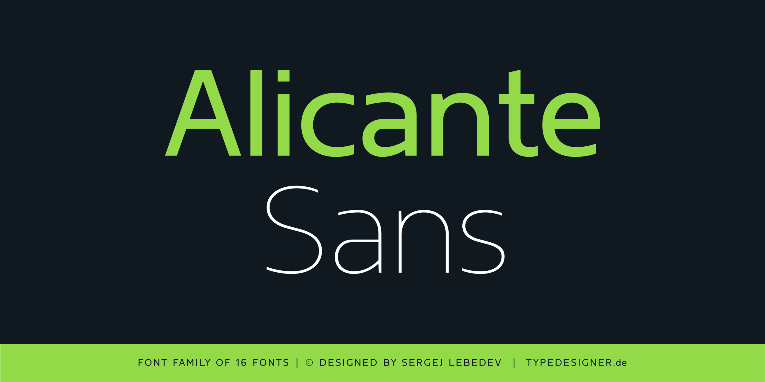 Alicante Sans is a contemporary font family comprising eight weights (Thin, Extra Light, Light, Book, Regular, Medium, Bold, and Black) and italic versions for each format.