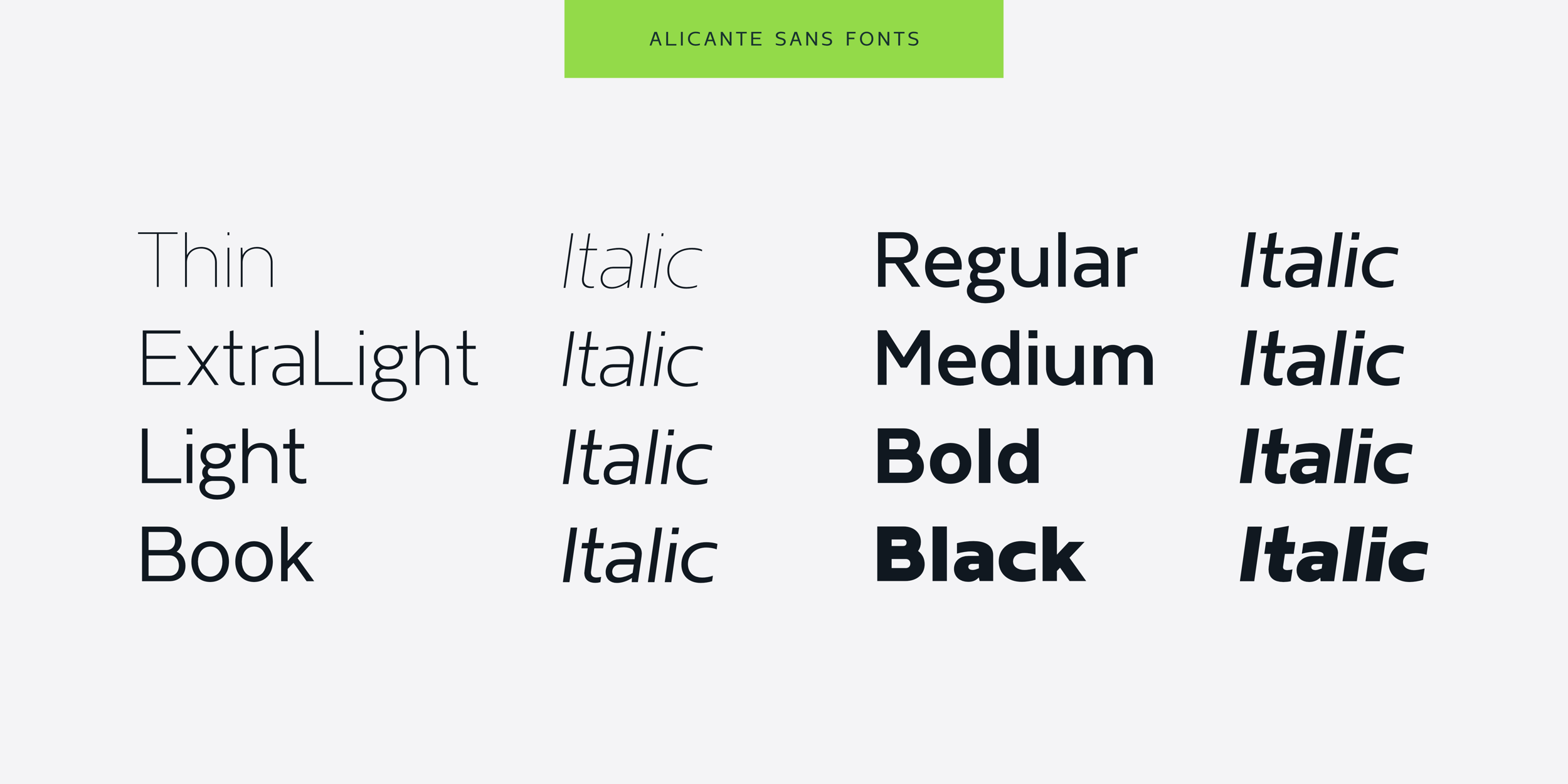 Alicante Sans is a family of 16 fonts. Thin, Extra Light, Light, Book, Regular, Medium, Bold, and Black and italic versions for each format.