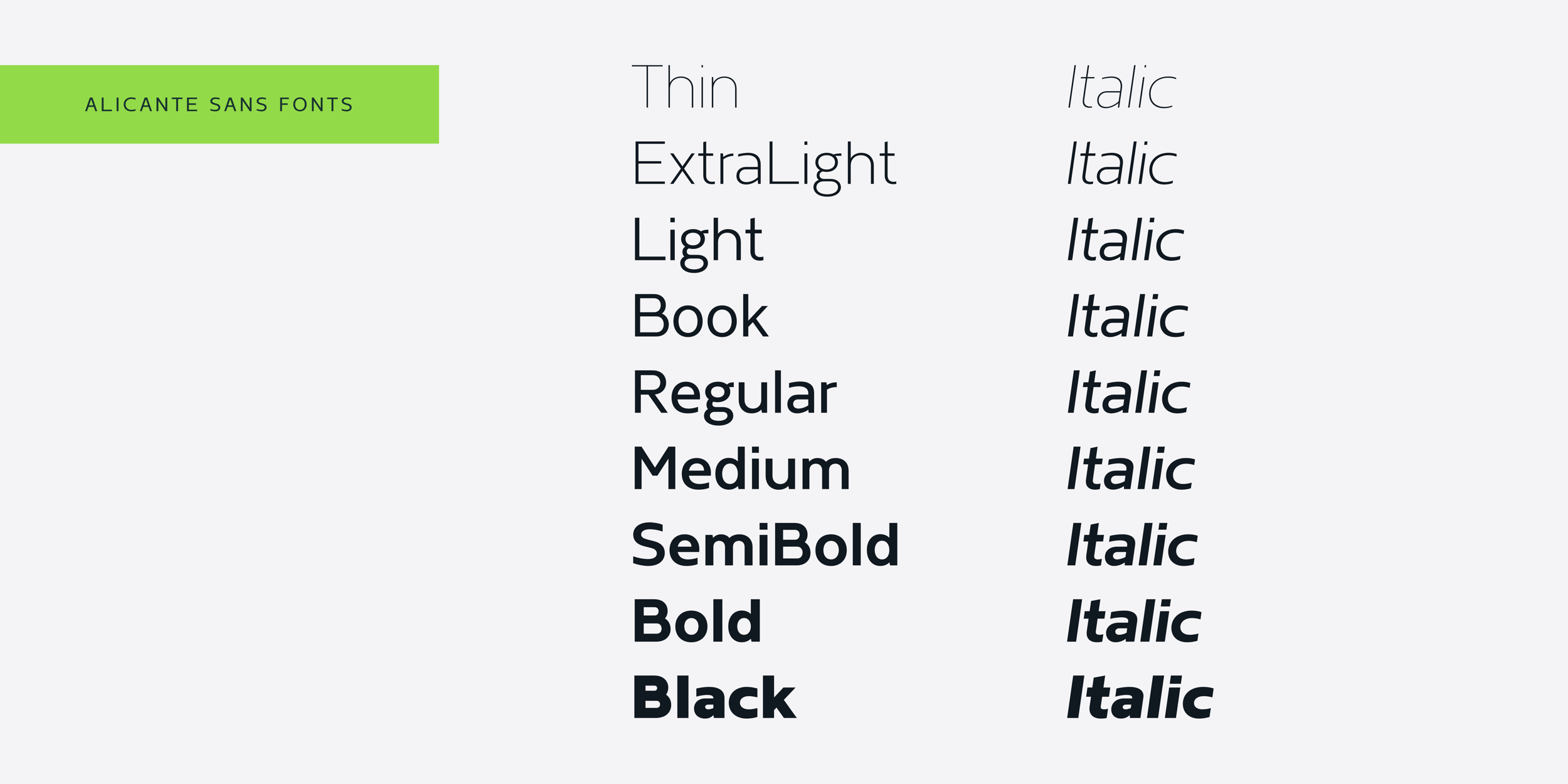 Alicante Sans is a family of 18 fonts. Thin, Extra Light, Light, Book, Regular, Medium, SemiBold, Bold, and Black and italic versions for each format.